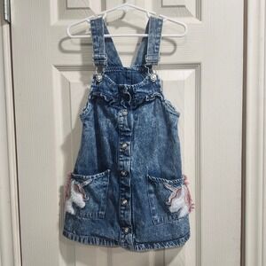 Girls Acid Wash Denim Unicorn Pinafore Dress Blue Overall Jumper Ruffle Trim